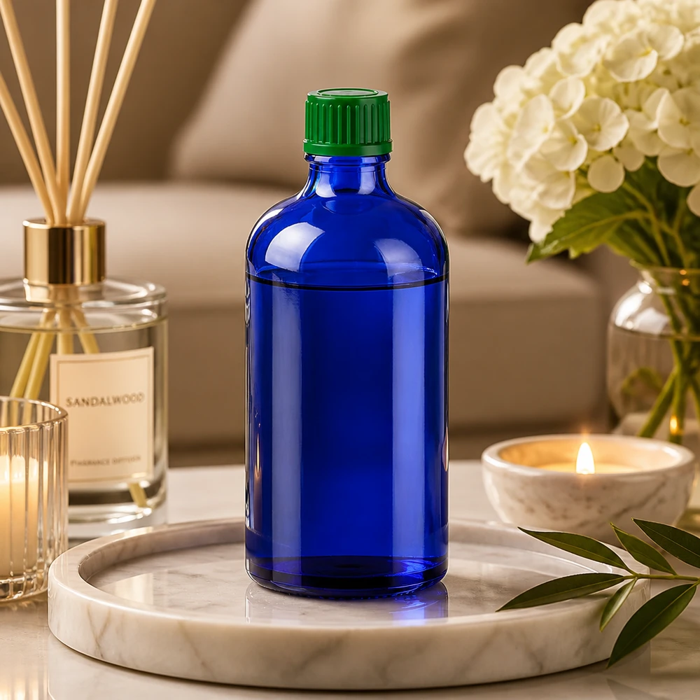 Pieni 100 ml:n lasipullo tyylikkäässä koboltin sinisessä värissä, jossa on käytännöllinen 11 mm:n ruuvikierre.