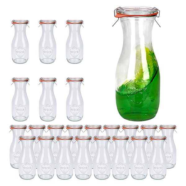 Setti 24 Weck-purkkia 530ml mehupullo, jossa on 24 lasikantta.