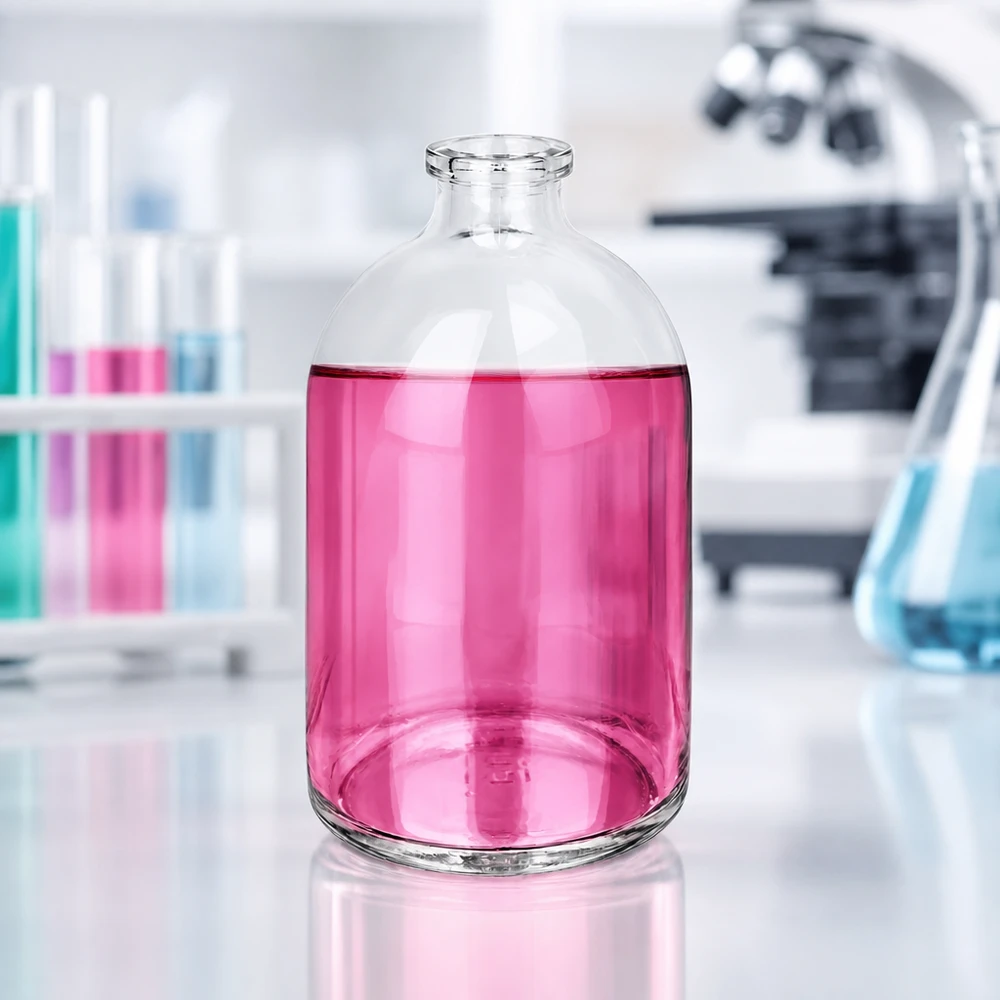 Injektiopullo kirkasta lasia 100ml Großaufnahme einer 100ml Injektionsflasche Klarglas mit pink gefärbtem Labormedium