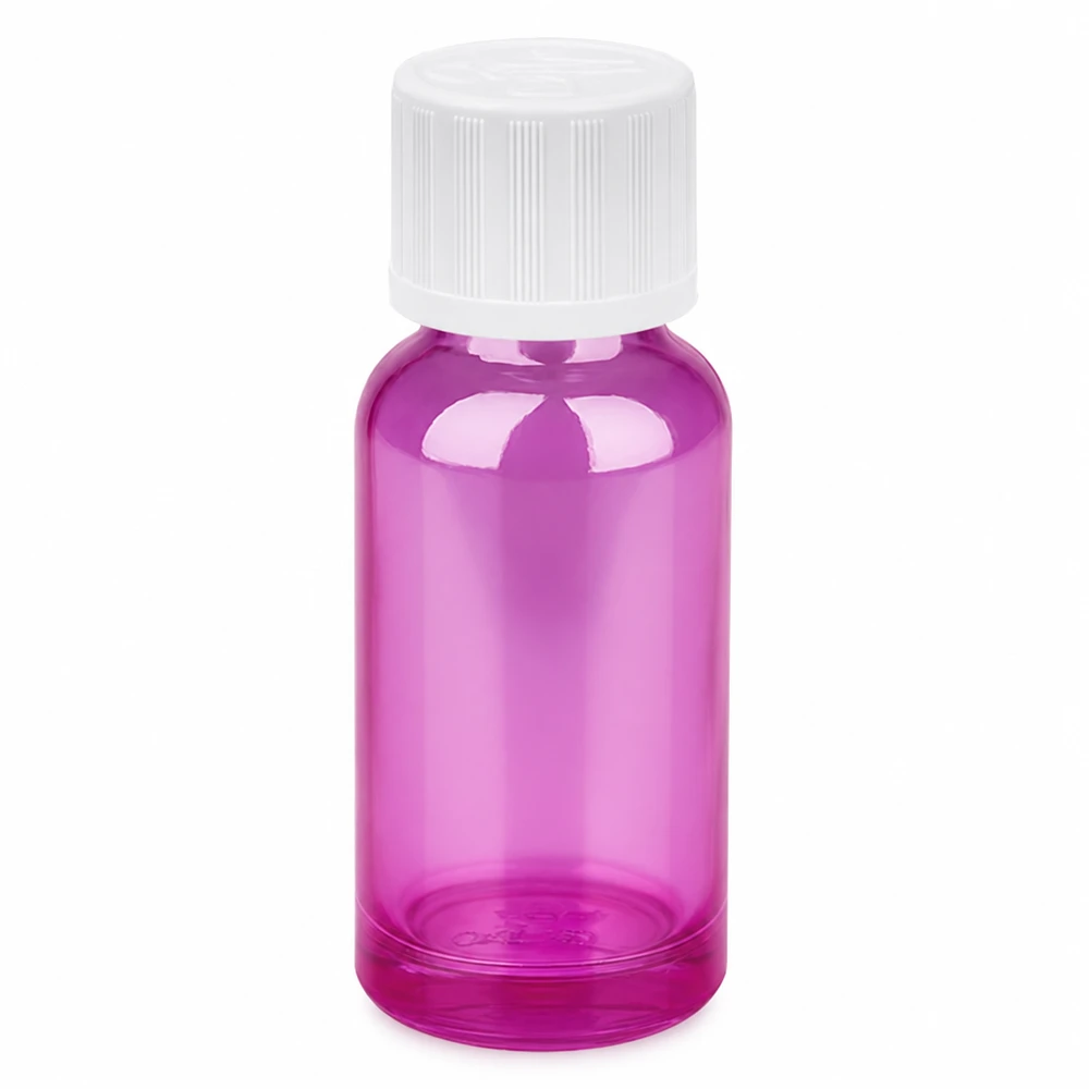 20ml tippapullo violetti läpinäkyvä, valkoinen kierrekorkki tarkkaa annostelua varten.