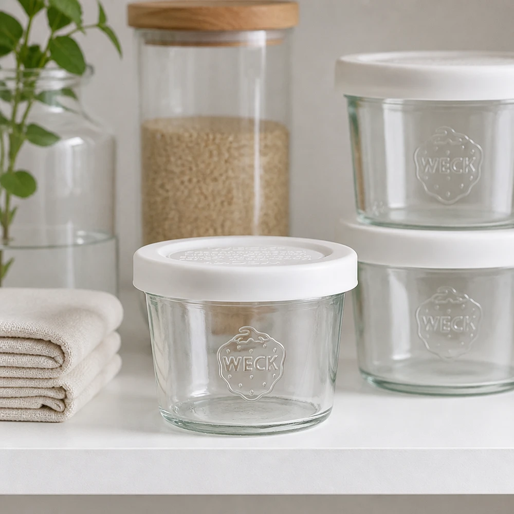 WECK 35ml RR40 tumblers modernilla keittiöhyllyllä muiden säilytyspurkkien kanssa, tyylikäs säilytysratkaisu.