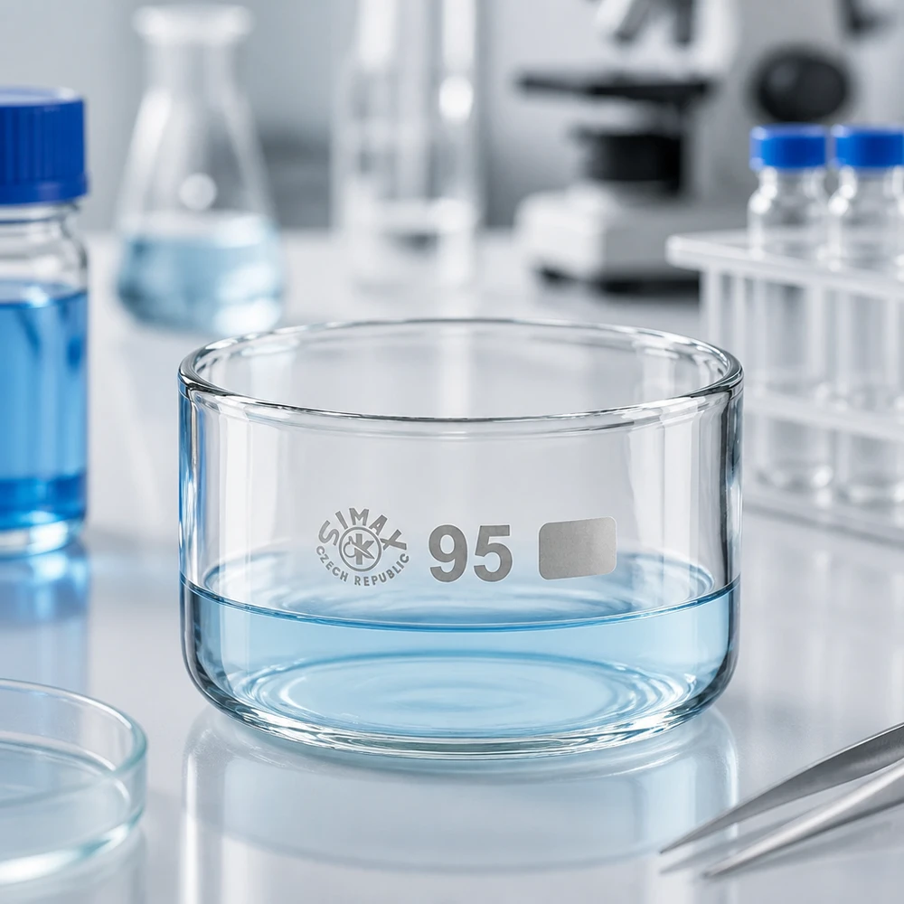 300 ml:n kiteytysastia, jossa on sinistä nestettä, Simax-laboratoriossa, borosilikaattilasi, ø95 mm