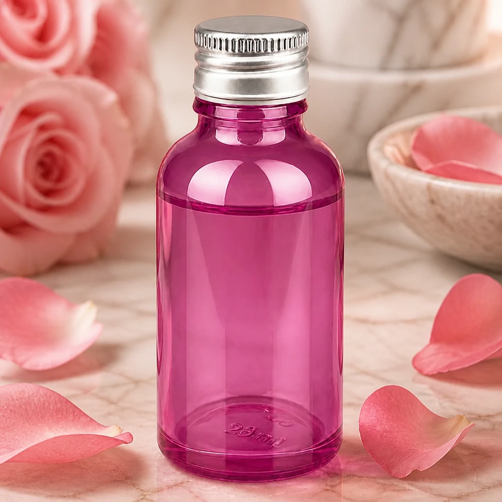 Pieni 30ml lasipullo, jossa on 11mm kierre ja hopeinen kierrekorkki, väri violetti