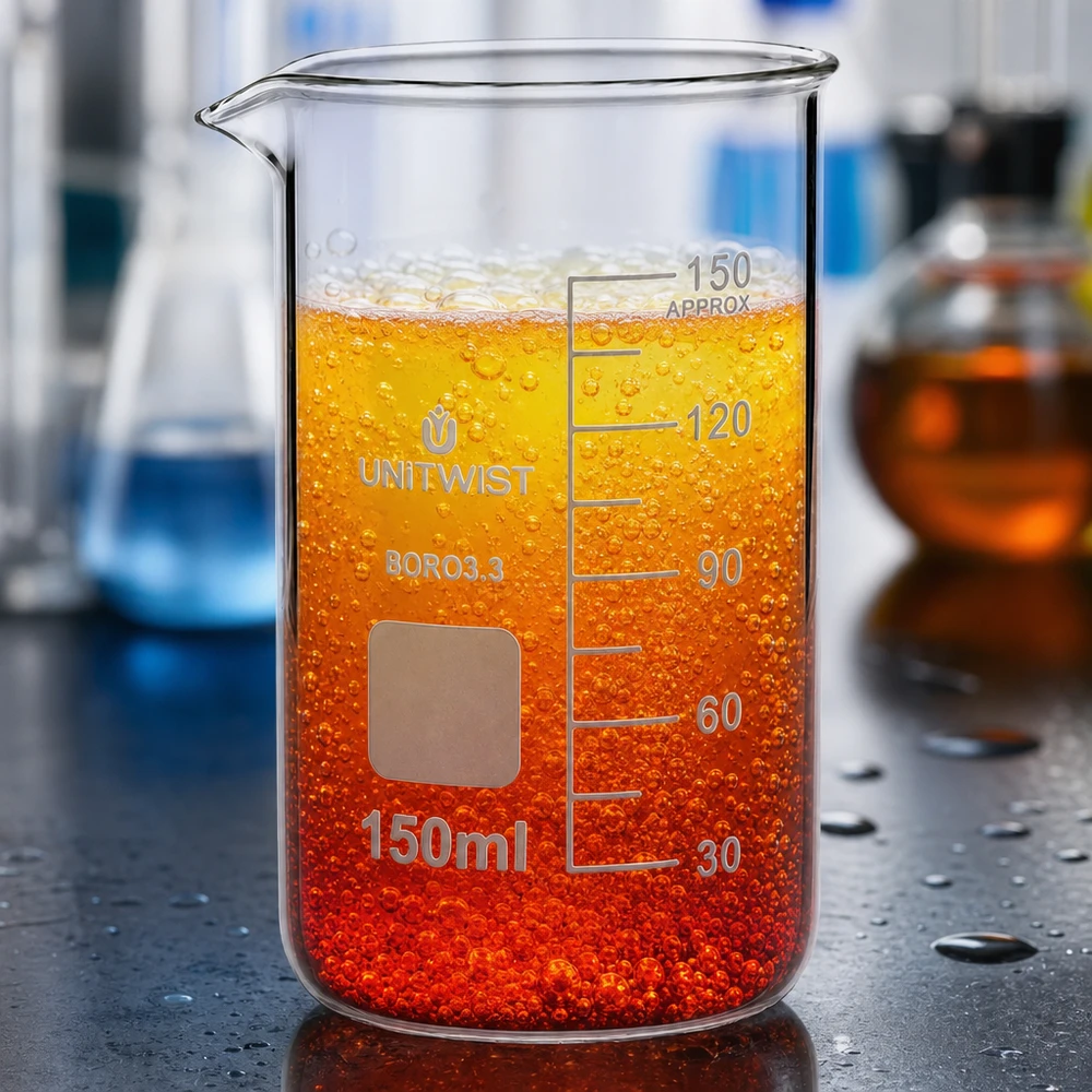 Juomalasi 150ml borosilikaatti, korkea muoto UNiTWIST UNITWIST-lasimuki 150 ml, borosilikaattia, korkea malli, jossa on oranssinpunaista nestettä ja kuplia laboratoriossa