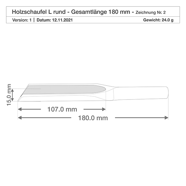Puulapio koko L litteä muoto - 180mm pitkä. Yksityiskohtainen piirustus puisesta lapiosta L, jonka mitat ovat 107mm Lapion terä 180mm Kokonaispituus 15mm Korkeus Tuoteseloste