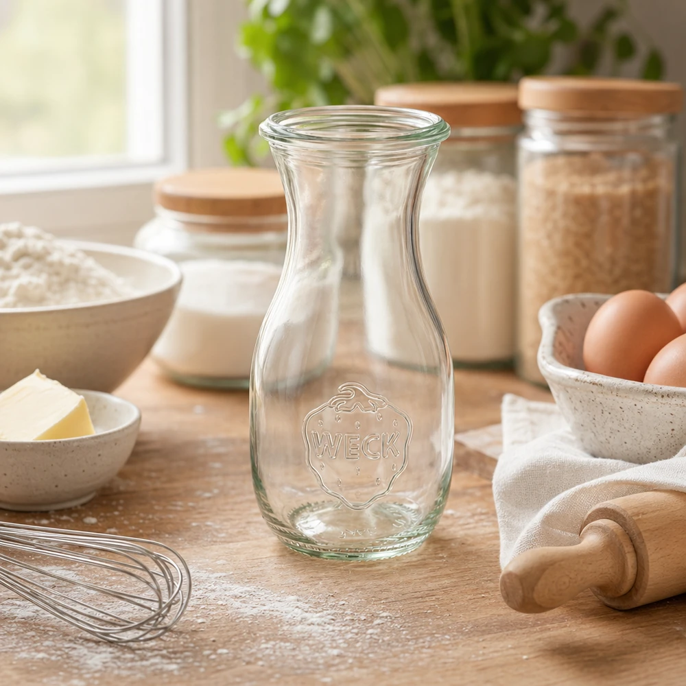 290 ml:n mehupullo WECK RR60 WECK mehupullo 290ml RR60 puupöydällä leivonta-ainesten, kuten munien, jauhojen ja keittiövälineiden välissä lämpimässä ilmapiirissä.
