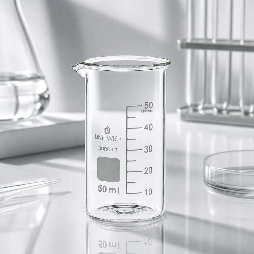 50 ml:n dekantterilasi, korkea muotti UNiTWIST UNiTWIST Tyhjä 50 ml:n korkea lasipullo, borosilikaattia 3.3, UNITWIST, laboratoriovälineiden joukossa valkoisella pinnalla