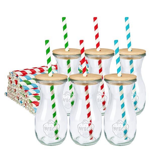 6 x WECK 290ml mehupullo RR60, jossa on puukansi ja 100 ekologista S 6 WECK mehupulloa 290ml puukannella ja värikkäillä ekopaperipillereillä vihreä punainen sininen raidallinen lasipullosarja