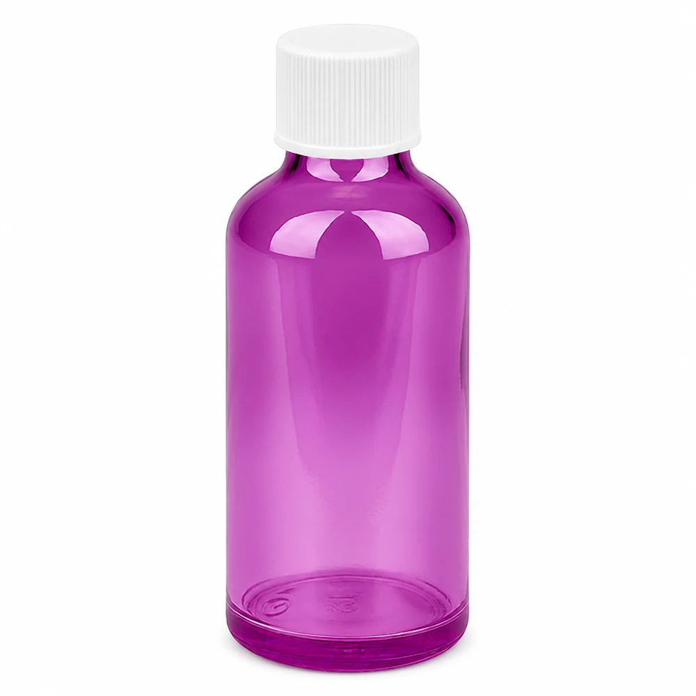 50ml violetti lasipullo valkoisella kierrekorkilla kosmetiikkaan ja farmaseuttisiin tuotteisiin.