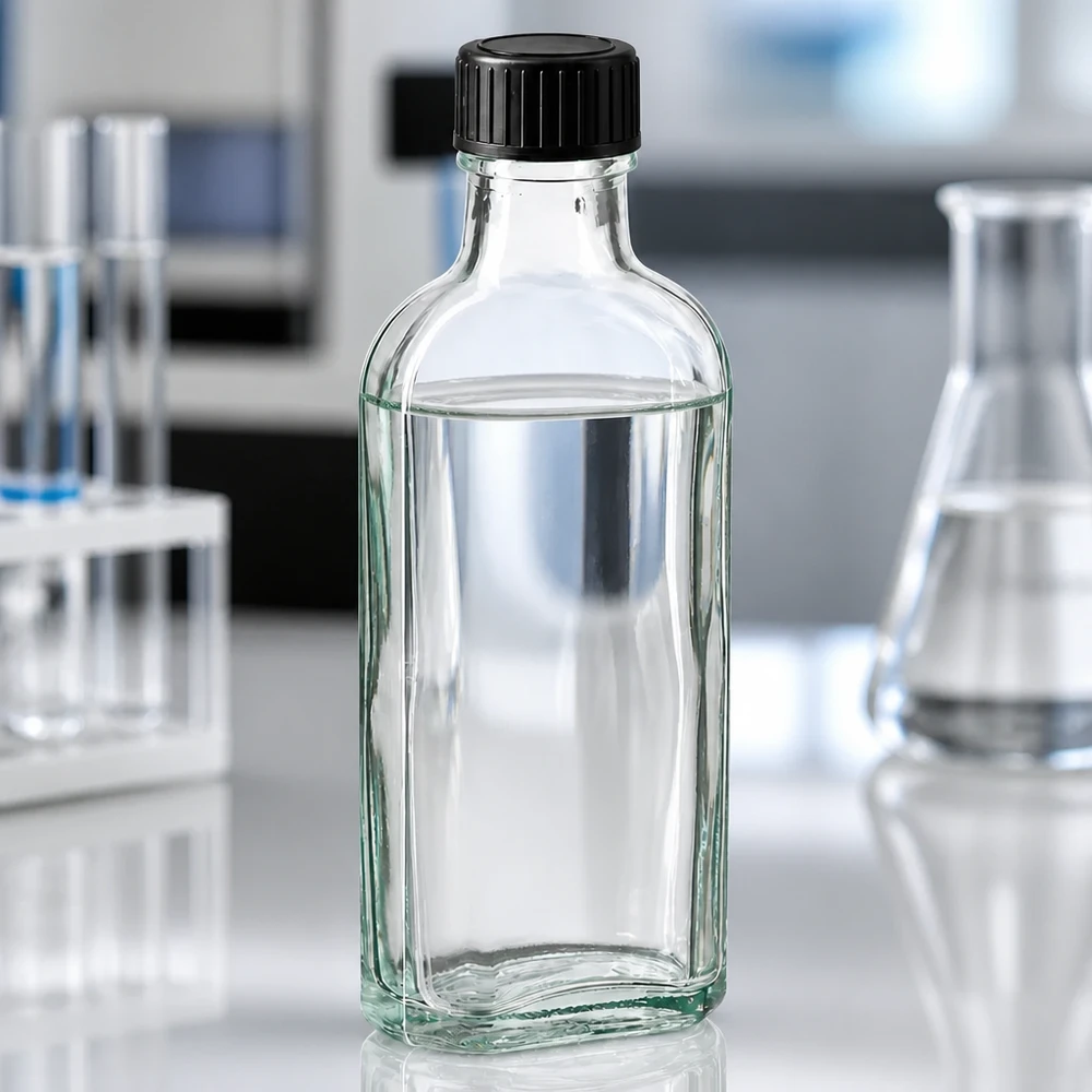 Suorakulmainen 100 ml:n lasipullo, jossa on musta kierrekorkki ja joka on puoliksi täytetty kirkkaalla nesteellä laboratoriossa