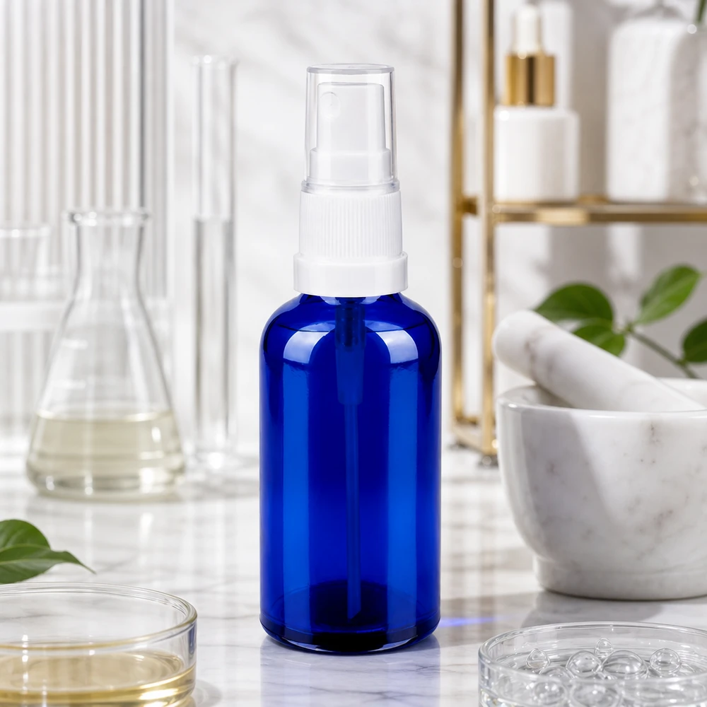 50ml suihkepullo valkoinen/läpinäkyvä vakiokorkki BlueLine UT18/50 BlueLine UT18/50 50 ml:n lasisäiliö, jossa on suihkutuslisälaite hoitotuotteiden tasaiseen levittämiseen.