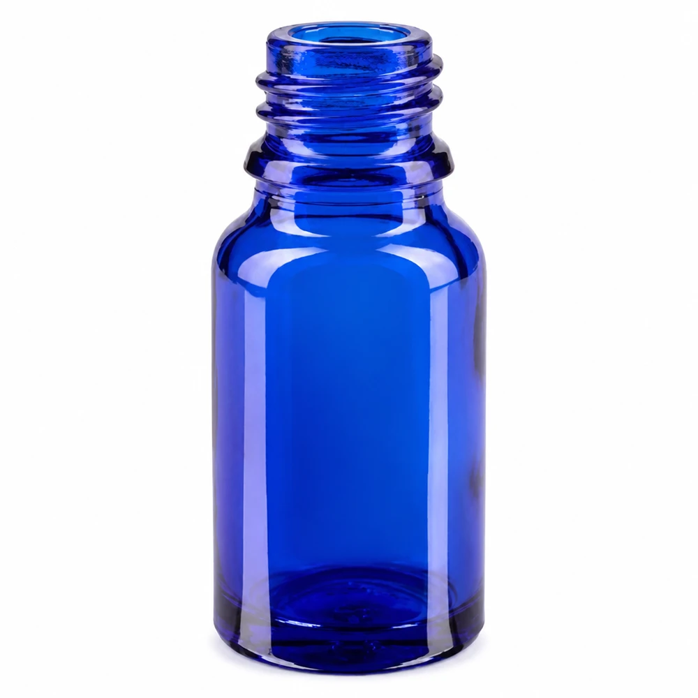 10ml suihkepullo valkoinen/läpinäkyvä vakiokorkki BlueLine UT18/10 Sininen 10ml lasipullo UT18/10 kierrekierteellä eteerisille öljyille ja hajuvesille.