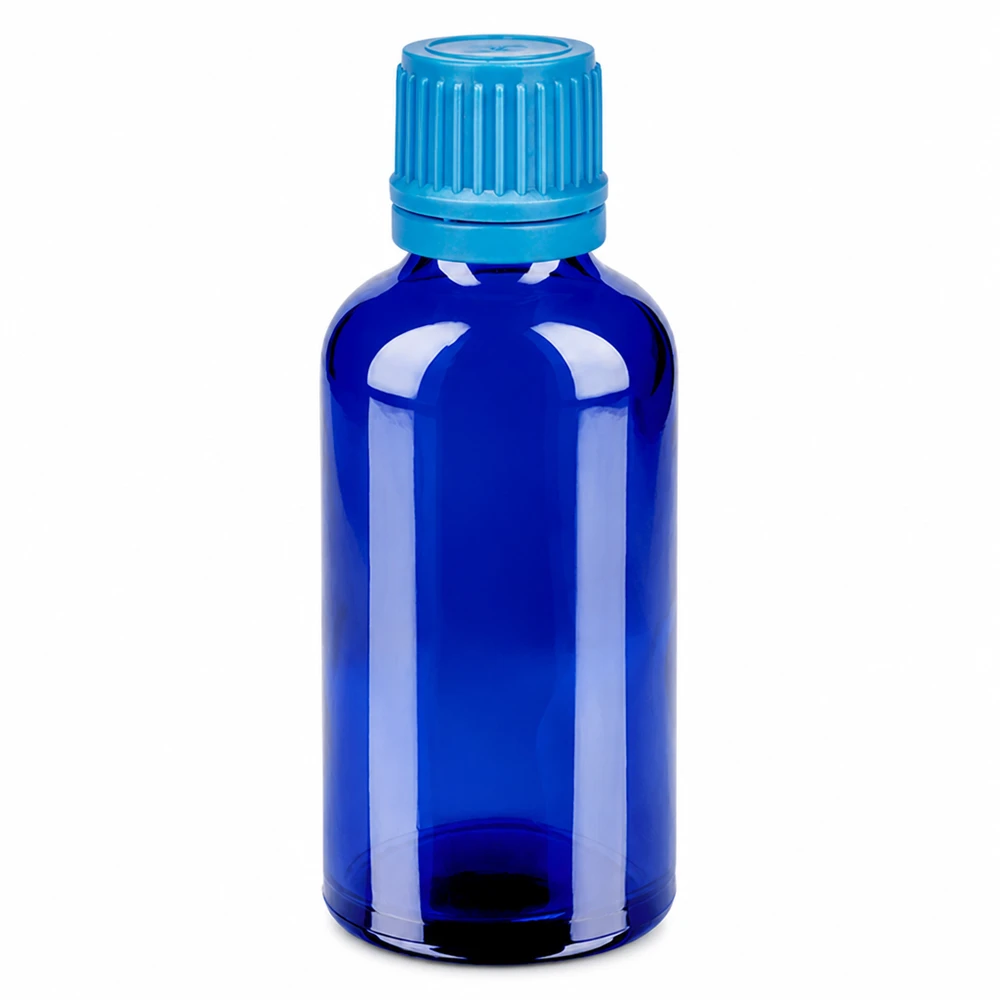 50ml sininen lasipullo, jossa 11mm kierrekorkki tippasovelluksiin.