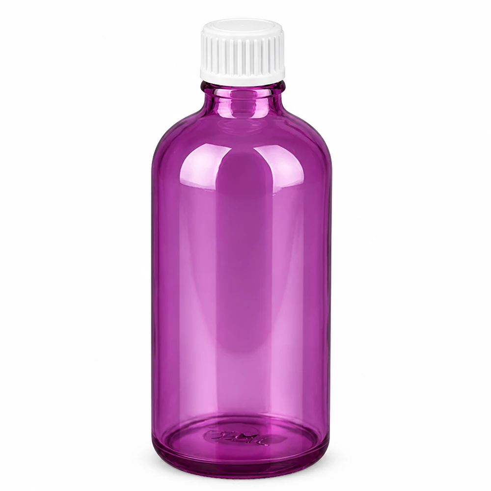 100ml violetti lasipullo valkoisella kierrekorkilla UT18 kosmetiikkaan ja lääkkeisiin