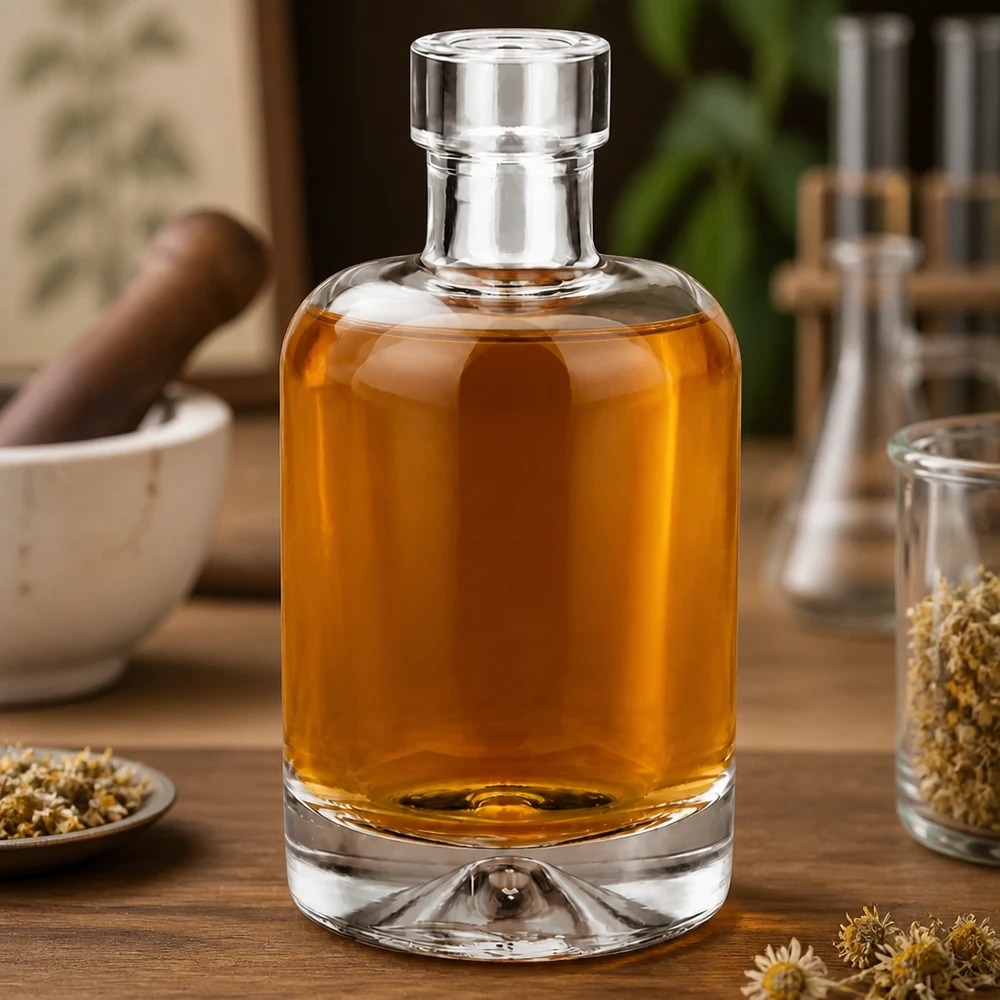 50ml Glasflasche "Attila" ohne Verschluss UNiTWIST® 50ml Amelie-lasipullo, joka on täytetty meripihkanvärisellä yrttieliksiirillä kamomillalla ja mausteilla koristellulla puupöydällä.