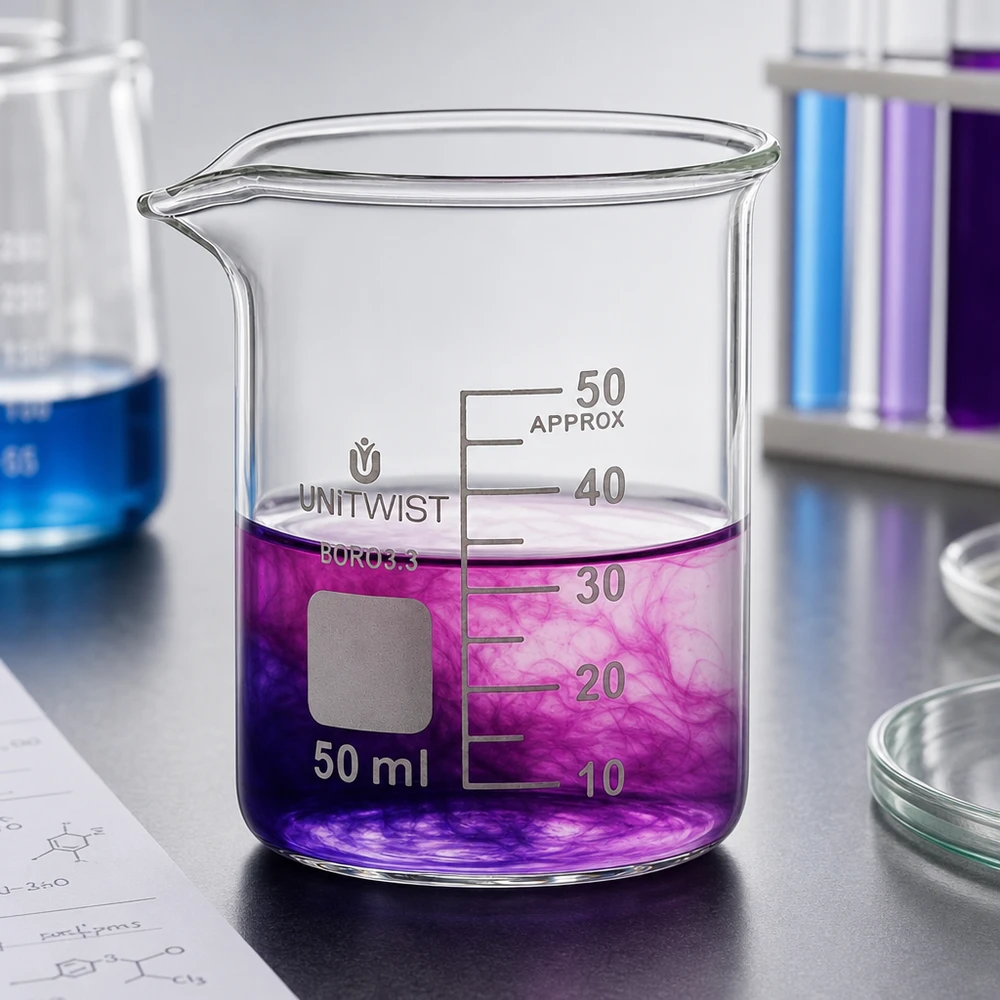 UNiTWIST-lasimalja, 50 ml, matala malli, jossa on violettia nestettä ja väriliukuma laboratoriossa