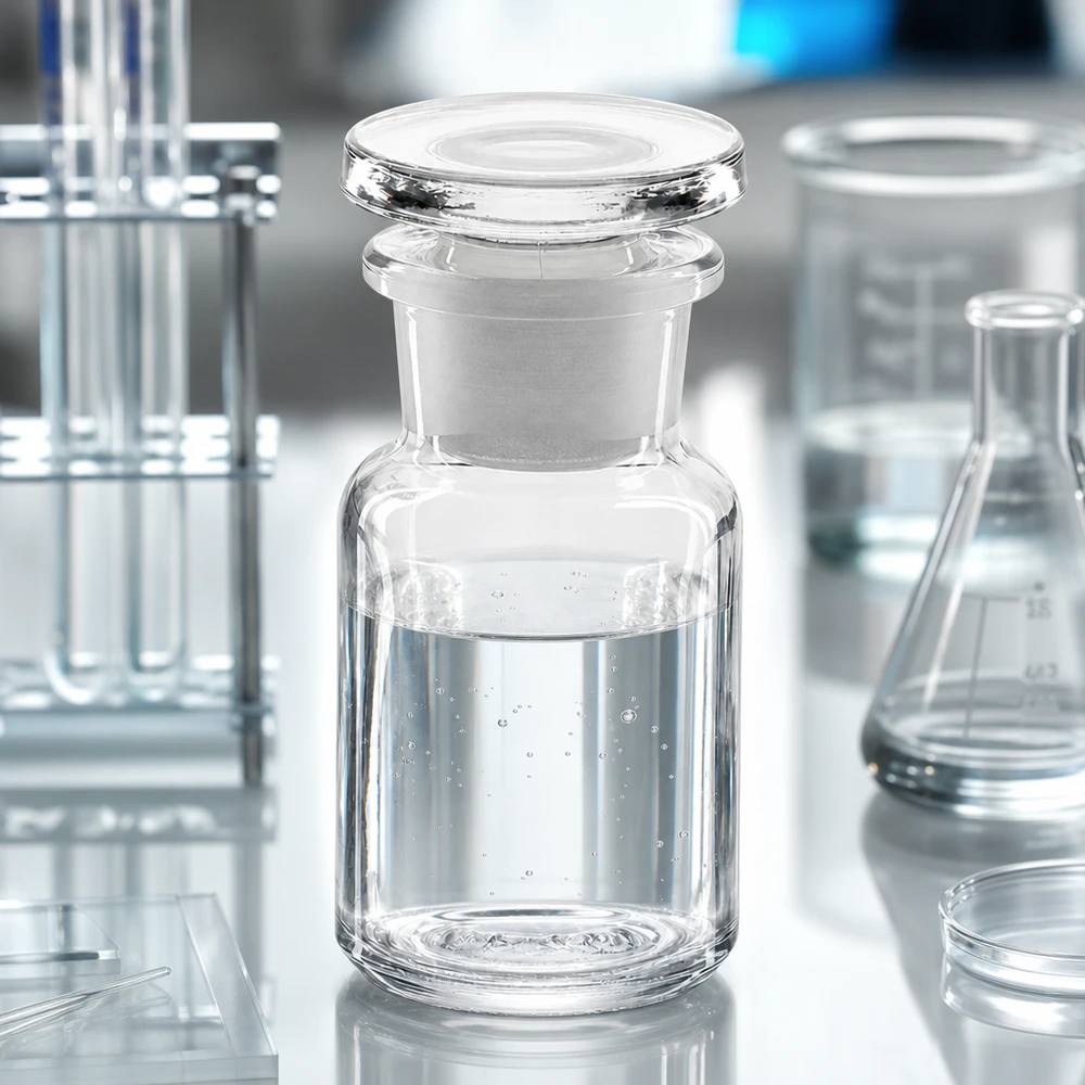 Leveäkaulainen 50 ml:n laboratoriopullo kirkkaasta lasista, lasitulpalla, valkoisella laboratoriotyötasolla