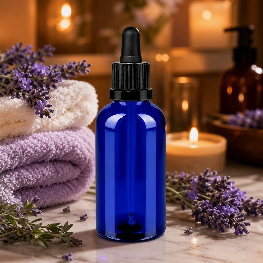 Sininen lasipullo 50ml mustalla pipetillä - BlueLine UT18/50 eteerisille öljyille ja seerumeille.
