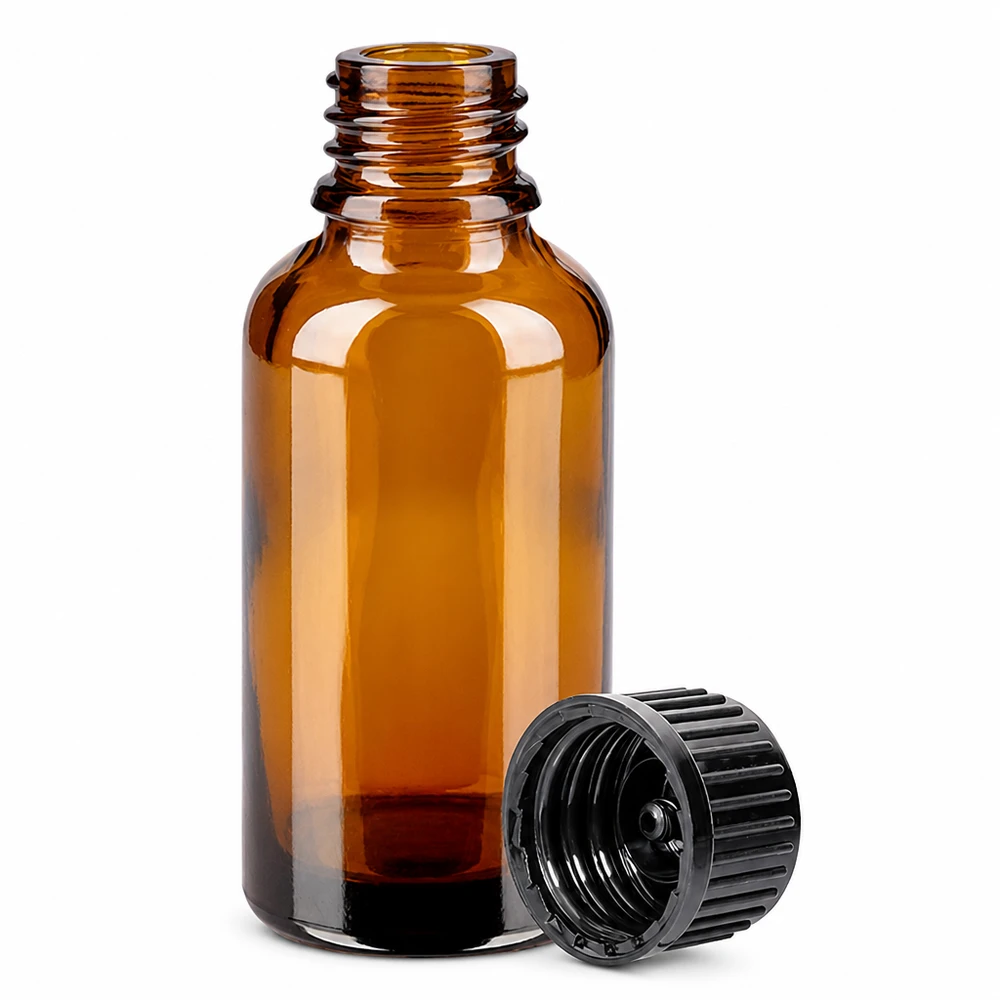 30ml pullo 11mm kierrekorkki musta Standard BrownLine UT18/30 Standard BrownLine UT18/30 Meripihkanvärinen 30ml lasipullo, jossa on kierre ja irrotettava korkki aromaterapiaa varten.