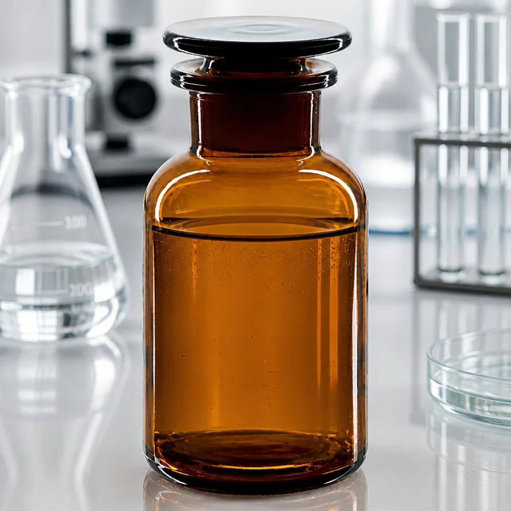 Pyöreä olkapääpullo 250ml ruskea leveäkaulainen lasitulppa Laboratorion kuva: ruskea leveäkaulainen pullo, 250 ml, lasitulppa, jota ympäröivät Erlenmeyer-pullot ja koeputket