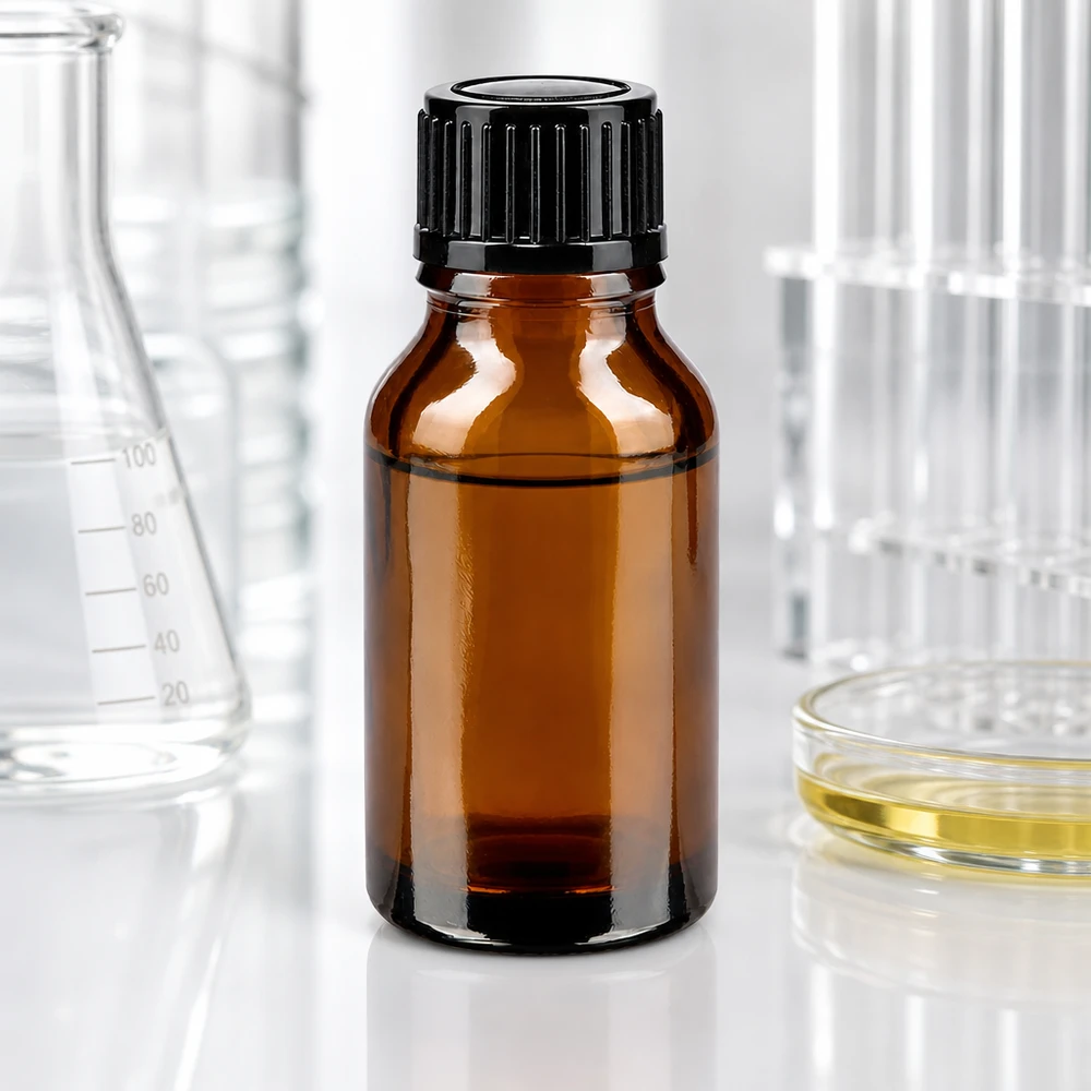 Apteekkipullo ruskea 15ml tippapullo korkki 1mm musta vakio. 15 ml:n ruskealasinen lääkepullo, jossa on musta tiputin, laboratoriokäyttöön