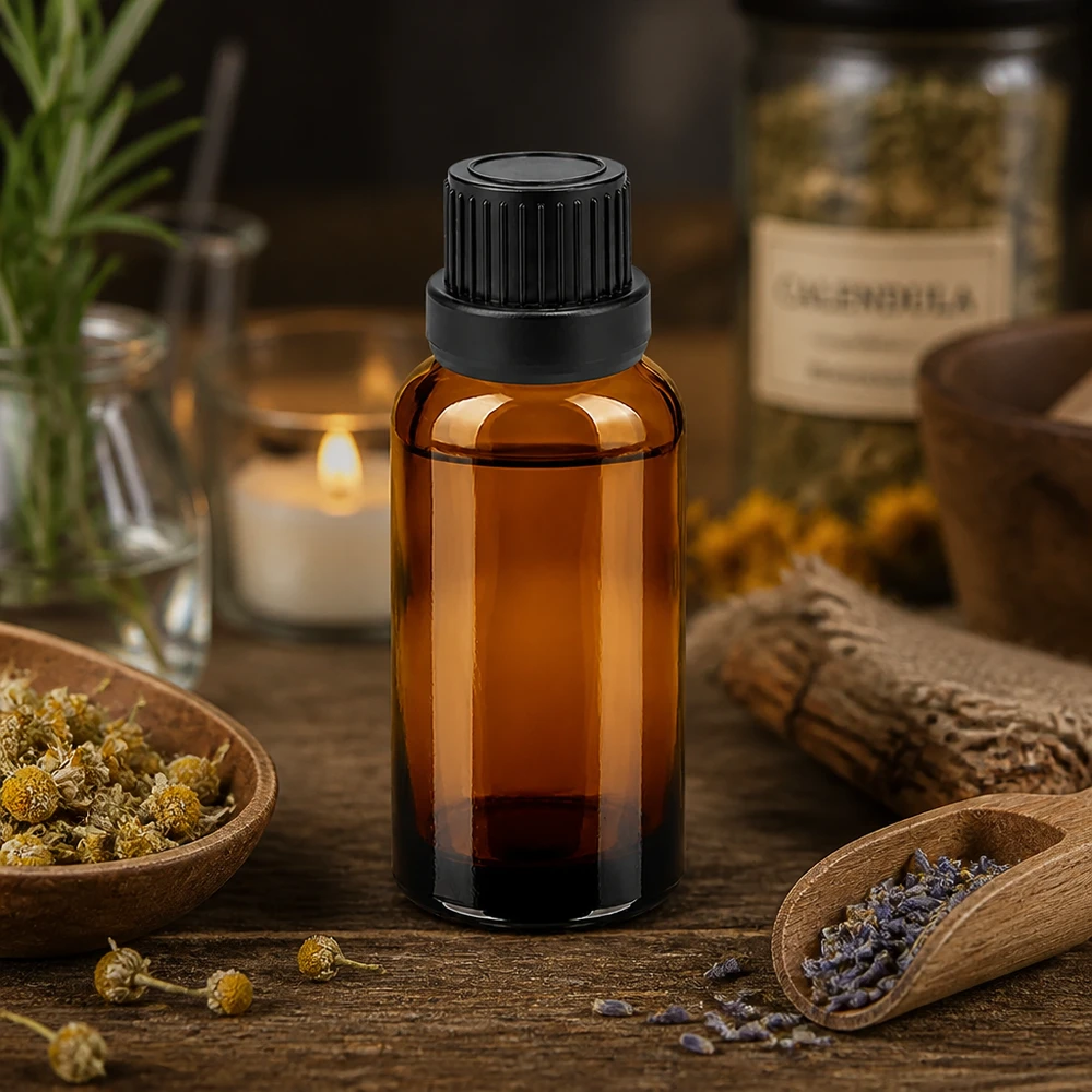 30ml tippapullo 2mm musta väärentämisen estävä suljin BrownLine UT18/30 Pieni 30ml tippapullo tyylikkäässä meripihkalasissa, jossa on musta korkki tarkkaa annostelua varten.