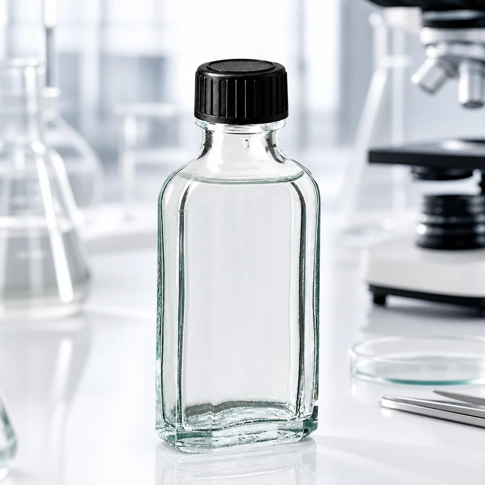 Kirkas 50 ml:n Meplat-lasipullo, jossa on musta muovikorkki, laboratoriossa