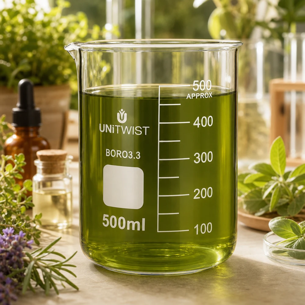 500 ml borosilikaattilasi, matala muotti UNiTWIST UNiTWIST-lasimuki, 500 ml, borosilikaattilasia, matala malli, täytetty vihreällä yrttiliuoksella