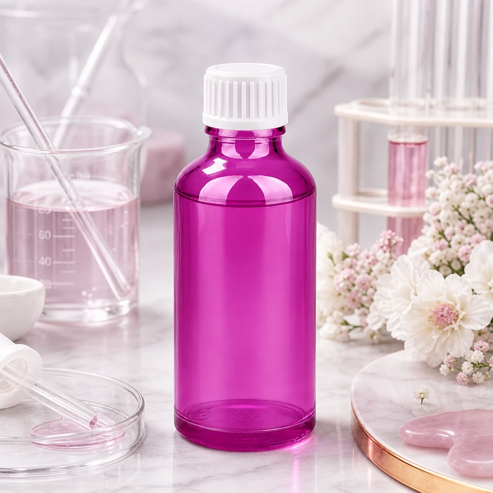 50ml (pallopullo) pullo 3mm kaaderengas valkoinen Standard PurpleLine. UT18/50 50 ml:n pyöreä lasipullo DIN18-kierteellä, kiiltävä violetti, ammattikäyttöön laboratorio-olosuhteissa