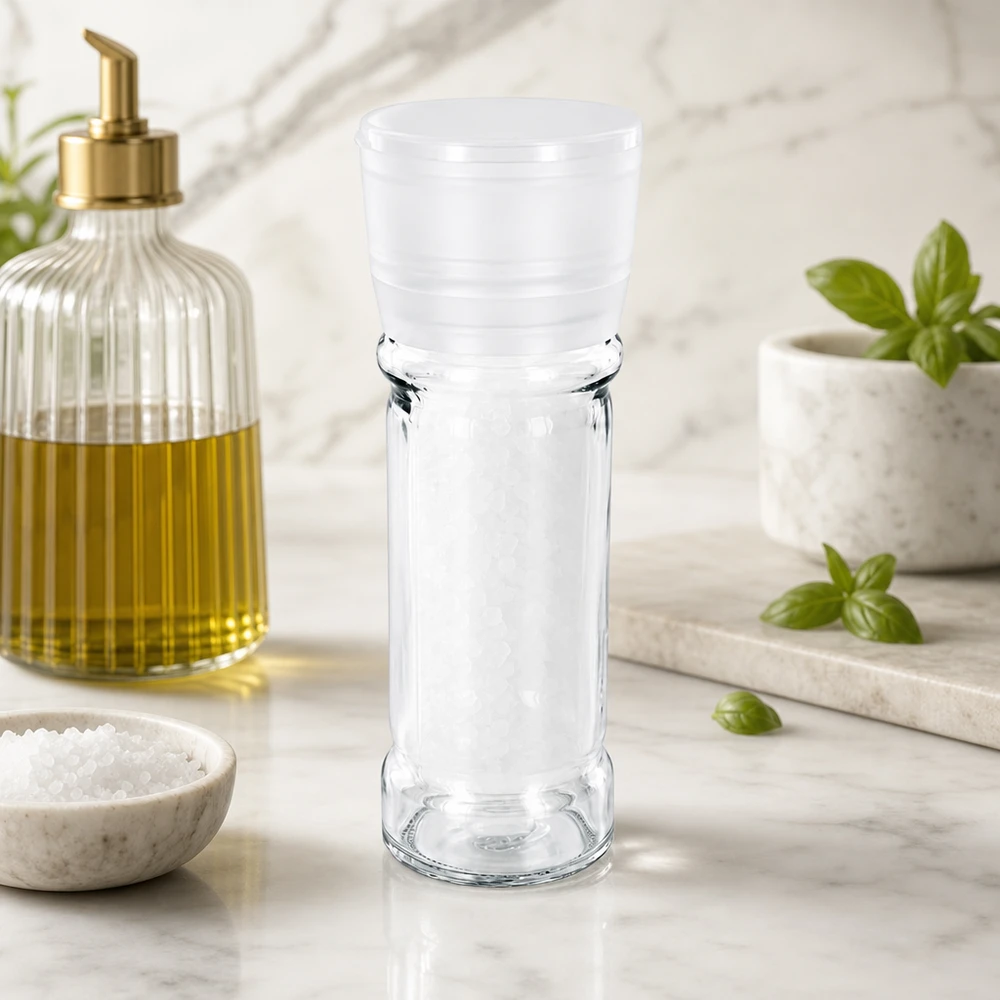 100 ml:n suolamylly kirkkaasta lasista, valkoisella muovikorkilla, valkoisella marmoritasolla