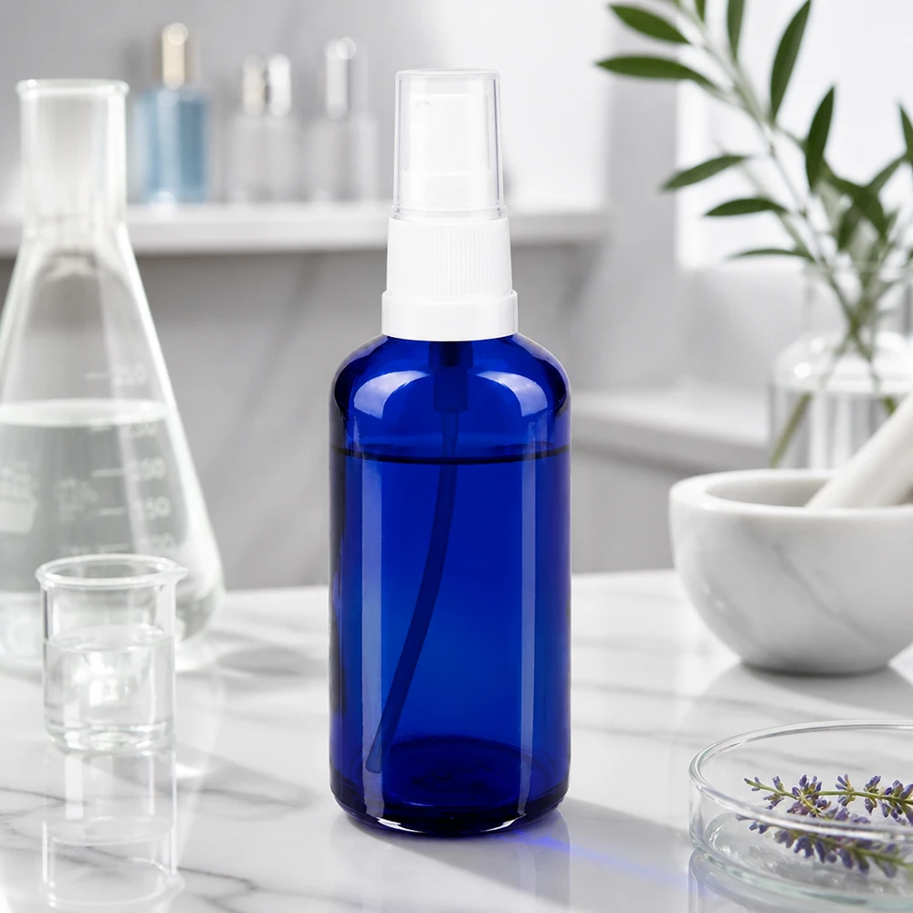 Apteekkipullo sininen 50ml ruiskukorkki valkoinen Sininen 50 ml:n pyöreäolkapäinen suihkepullo apteekkilasista, jossa on valkoinen sumutinpää