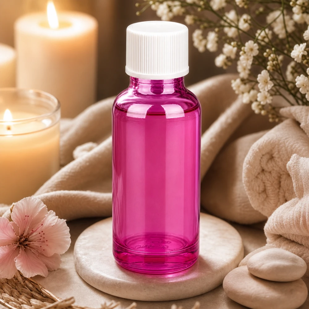 20ml pullo 11mm kierrekorkki valkoinen vakio PurpleLine UT18/20 PurpleLine UT18/20 20ml kirkkaan violetti lasipullo valkoisella korkilla, joka sopii täydellisesti spa:han ja hyvinvointiin.