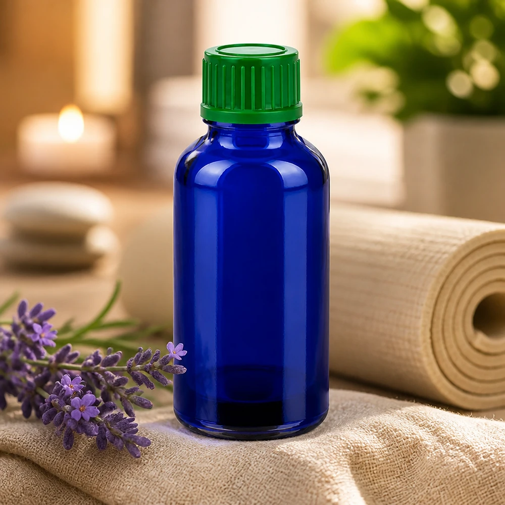 Laadukas 30 ml:n lasipullo, jossa sininen lasi UV-suojaa valolle herkille aineille.