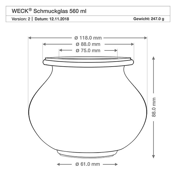 560ml WECK RR80 -korupurkki pyökkipuupallolla varustettuna. WECK korupurkki 560ml RR80 tekninen piirustus mitat halkaisija korkeus 118mm 88mm tuoteseloste paino 247g