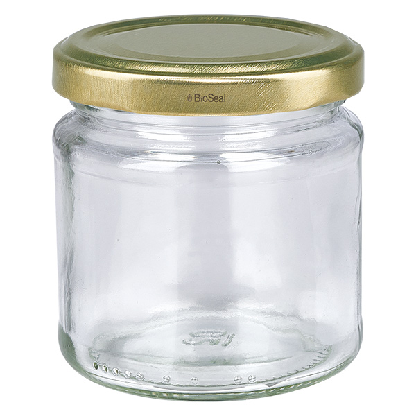 212ml:n pyöreä purkki kultaisella UNiTWIST BioSeal-kannella.