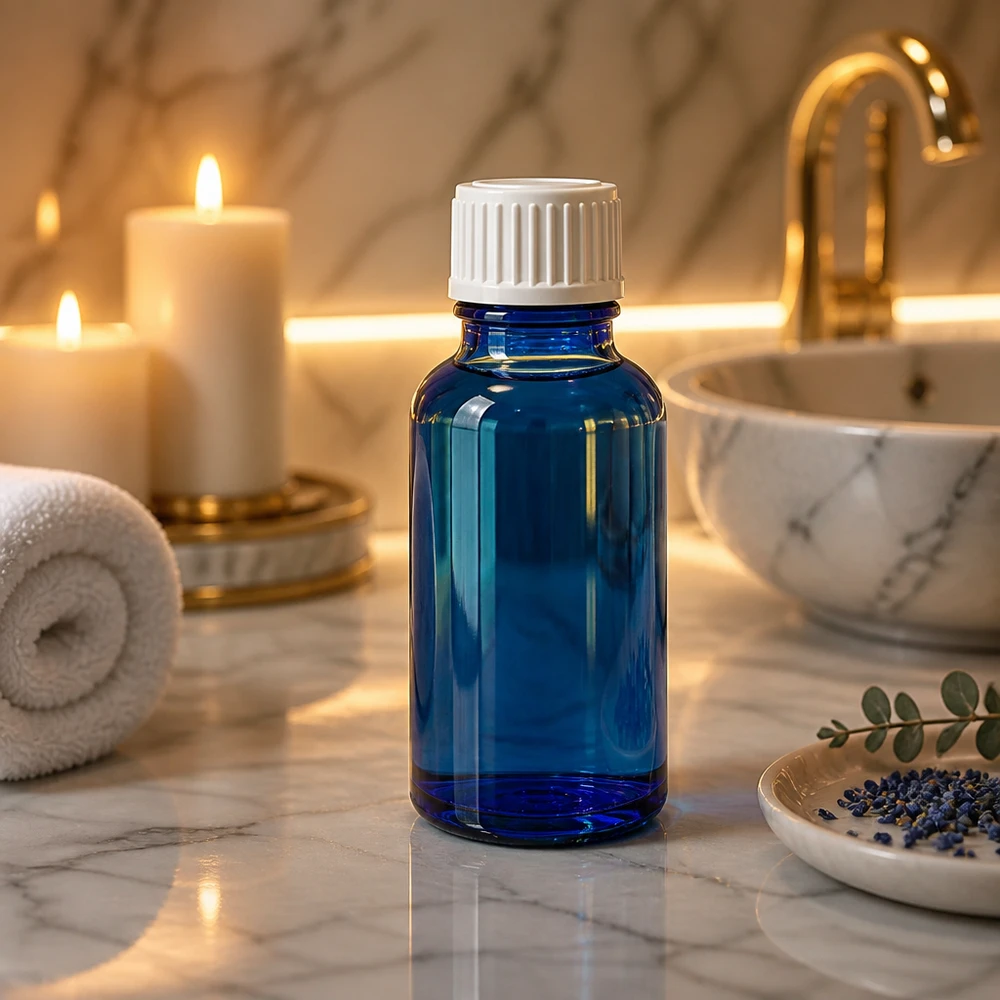 Apteekkipullo sininen 20ml ruuvikorkki valkoinen sivellinlaite 20 ml:n apteekkipullo, koboltinsininen, valkoinen lapsiturvallinen korkki, marmoritaustalla kynttilöiden kera