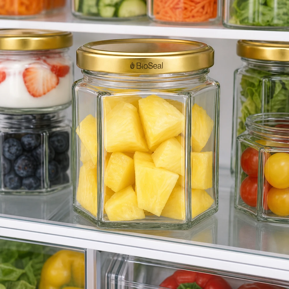 47ml Hexa-purkki, jossa on kultainen UNiTWIST BioSeal -kansi UNiTWIST Hexa47 Glasgefäß mit Ananas-Stücken im Kühlschrank - perfekt für frische Lebensmittel-Aufbewahrung