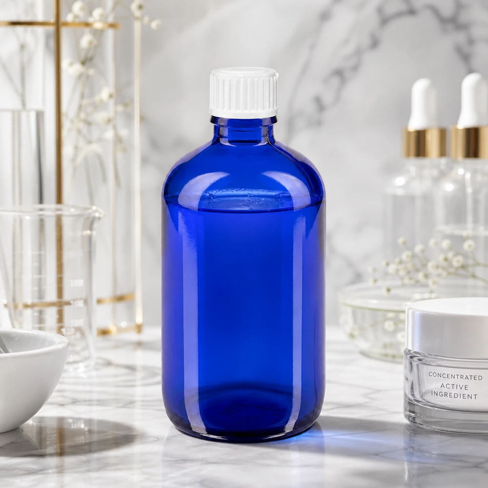 Apteekkipullo sininen 100ml kierrekorkki valkoinen standardi Sininen 100 ml:n lasipullo, jossa on valkoinen vakiokorkki, laboratoriossa marmoripinnalla
