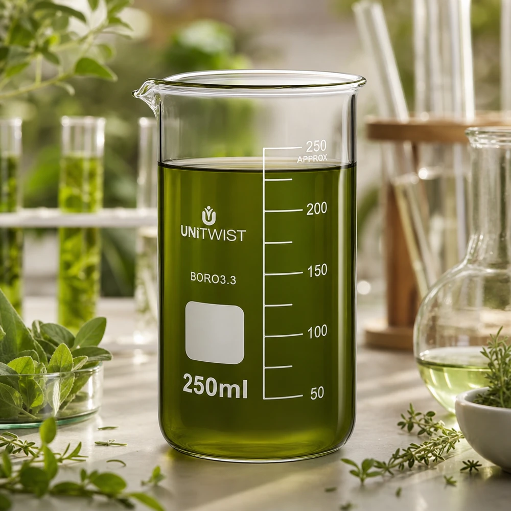 UNITWIST-lasikuppi, 250 ml, korkea malli, jossa on vihreää yrttiuuteliuosta ja jota ympäröivät tuoreet yrtit