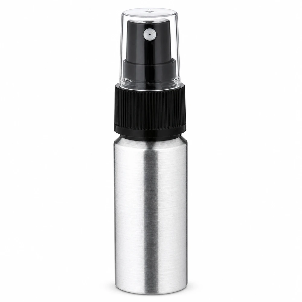 20ml alumiinipullo sumuttimella - kompakti sumutinpullo kiillotetusta alumiinista.