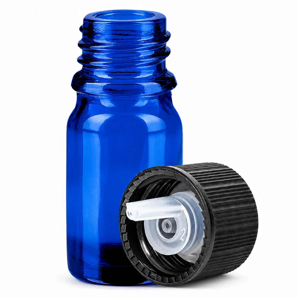 5ml lasipullo, jossa on 1mm tippakärki ja musta korkki tarkkaa annostelua varten.