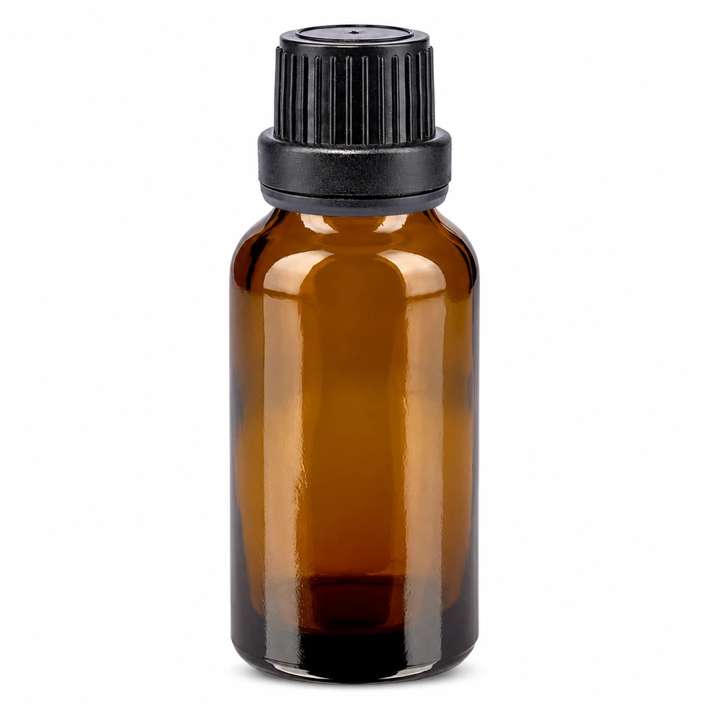 Apteekkipullo ruskea 20ml ruuvikorkki musta väärentämisen estävä sulkeminen. 20 ml:n ruskea apteekkipullo, jossa on musta 11 mm:n alkuperäiskorkki, valmistettu korkealaatuisesta ruskeasta lasista
