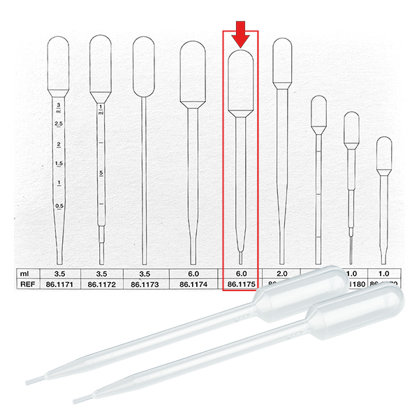 6 ml:n siirtopipetti (146x15mm) ilman asteikkoa. 6 ml:n siirtopipetti (146x15mm) ilman asteikkoa.