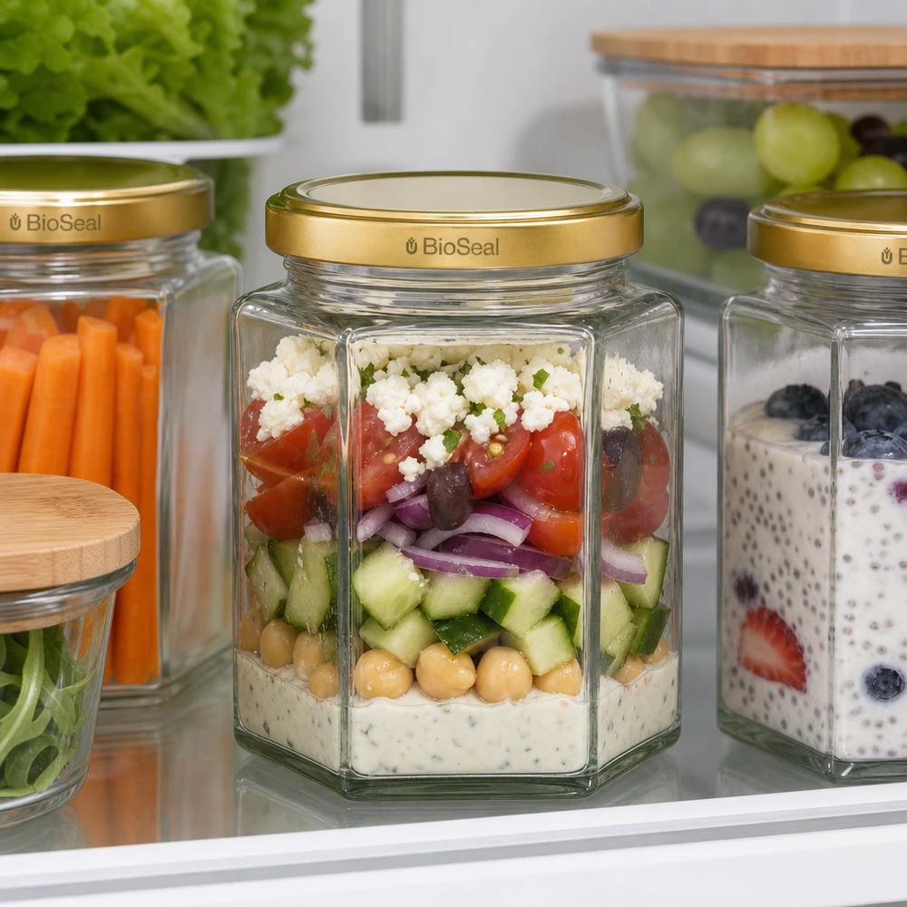 UNiTWIST Hexa390 Meal Prep -purkki, jossa on BioSeal-kansi kerroksittaista salaattia varten jääkaapissa säilytystä varten.