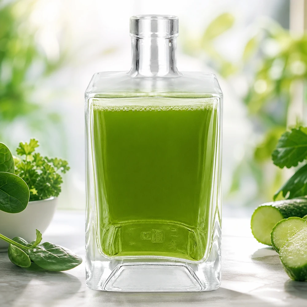 700ml Glasflasche "Gali" ohne Verschluss UNiTWIST® Lasi pullo Ben 700ml täynnä vihreää mehua, jota ympäröivät tuoreet yrtit kurkku ja pinaatti detox-smoothieksi.