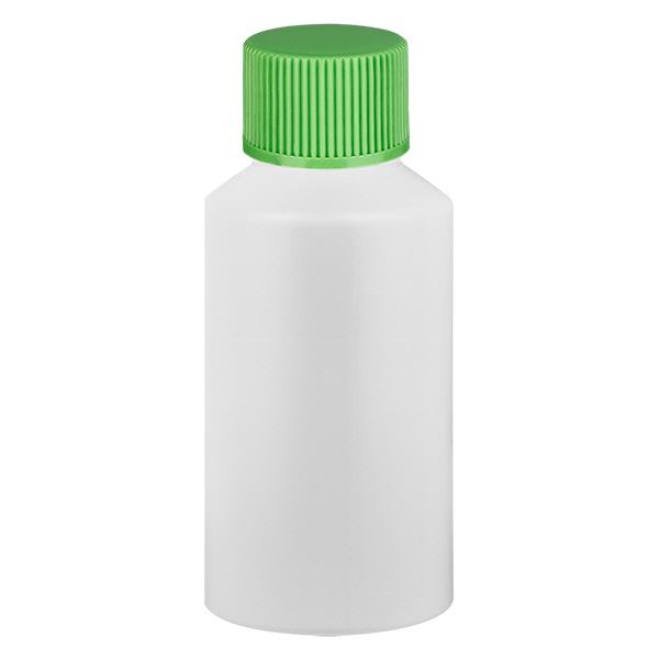 Apteekkipullo HDPE 50ml valkoinen, jossa vihreä kierrekorkki Apteekkipullo HDPE 50ml valkoinen, jossa vihreä kierrekorkki