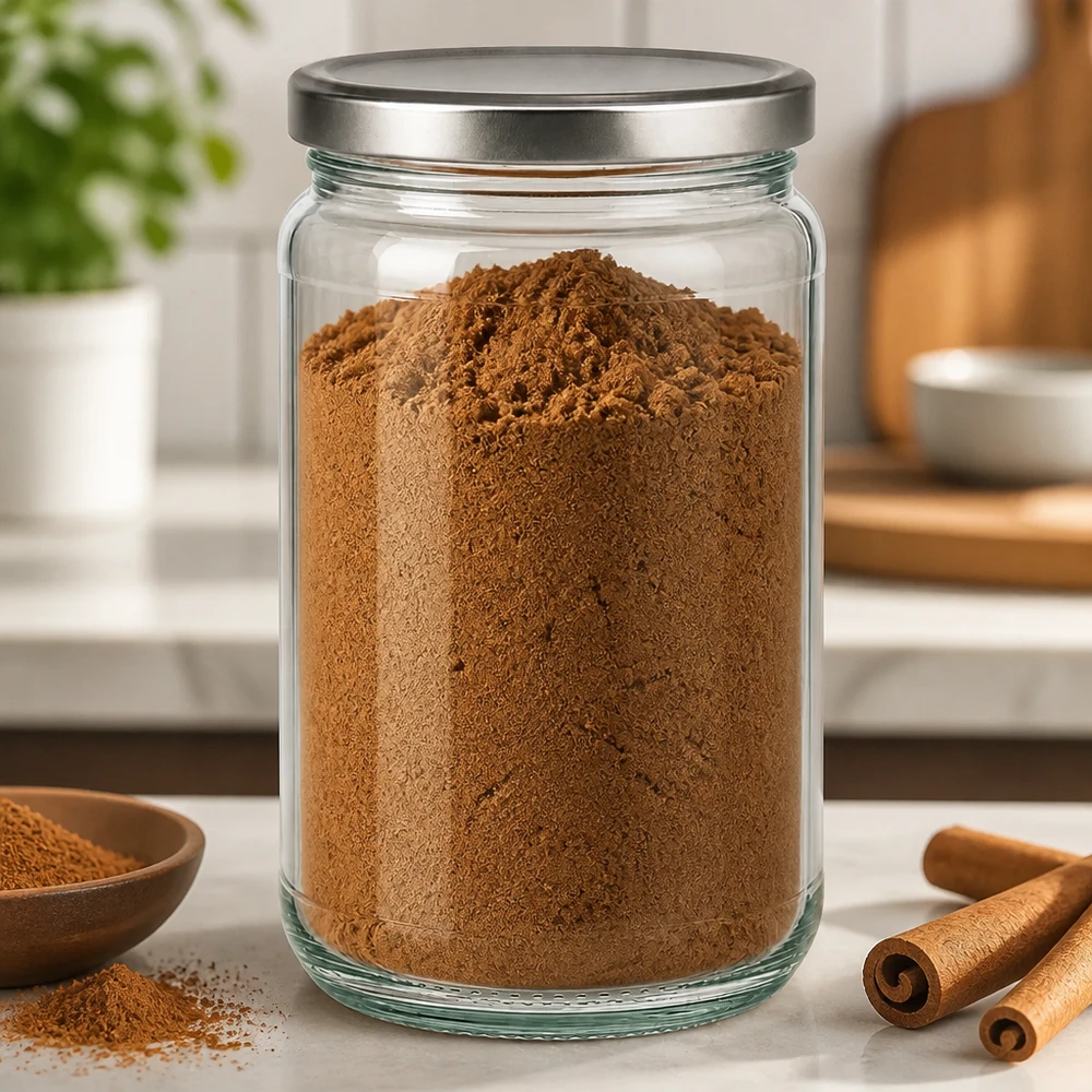 305ml pyöreä lasipurkki, jossa on BasicSeal-kansi hopea UNiTWIST. 305 ml:n pyöreä purkki täynnä kaakaojauhetta ja BasicSeal-kansi hopeaa keittiössä kanelitankojen kanssa.