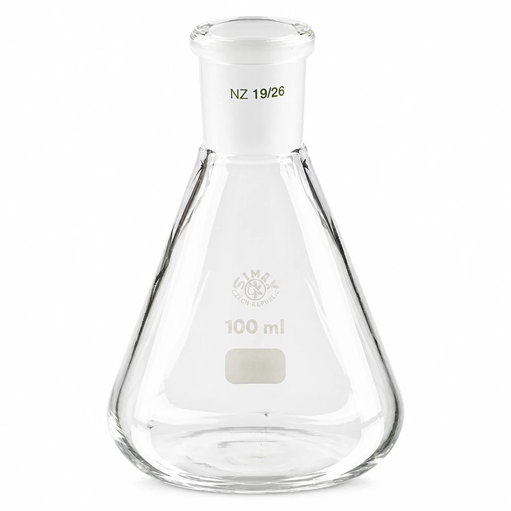 Erlenmeyer-pullo 100ml, jossa on vakiohiottu liitos (19/26). Erlenmeyer-pullo 100ml, jossa on vakiohiottu liitos (19/26).