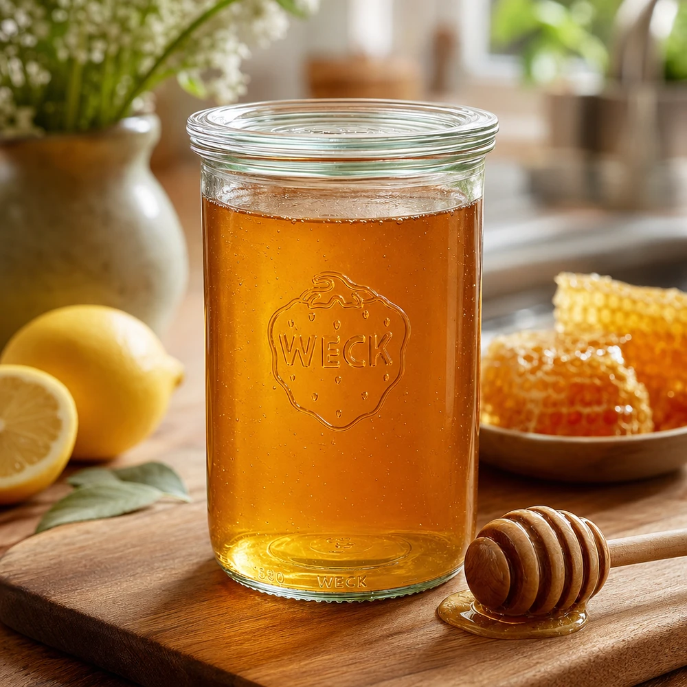 1000ml lasikannelliset juomapullot WECK RR100 WECK-maljat 1000ml RR100 täynnä hunajaa hunajakennon ja hunajalusikan vieressä puulaudalla lämpimässä keittiössä.