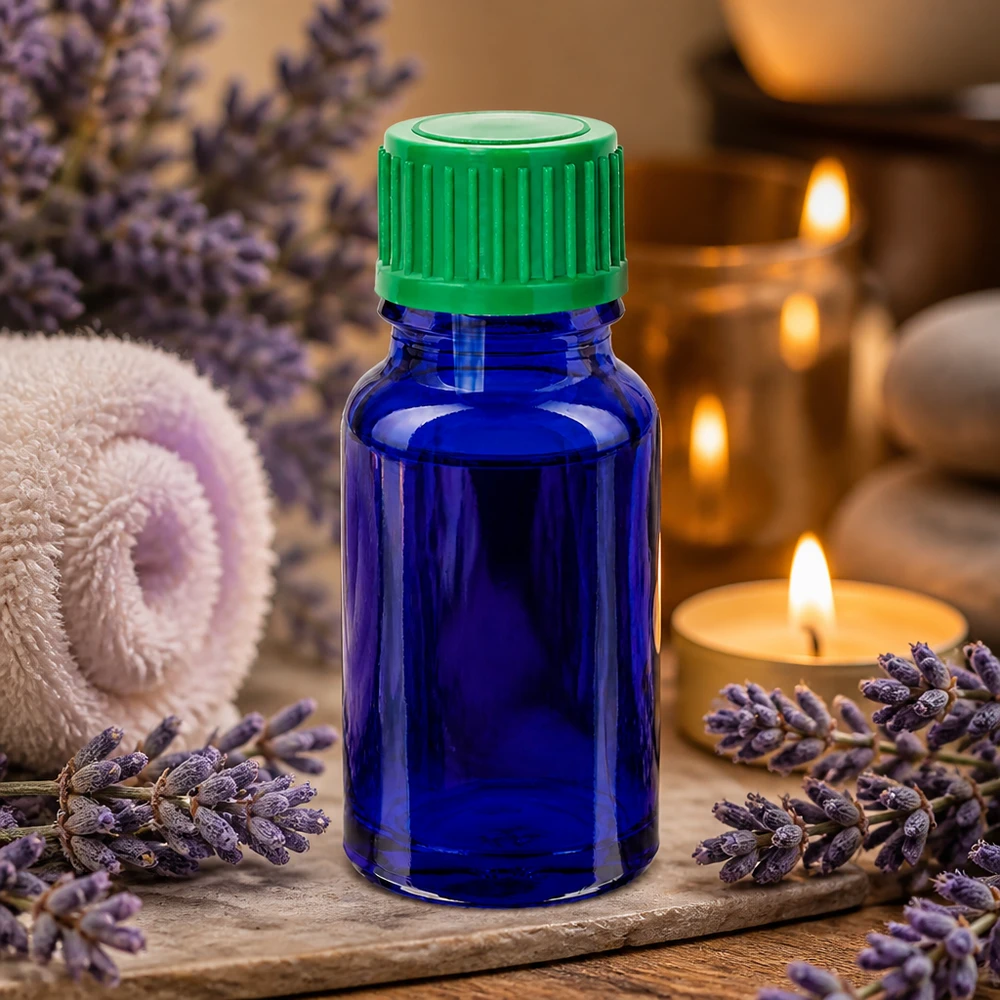 Sininen 10ml tippapullo STD BlueLine vihreällä kierrekorkilla aromaterapiaan